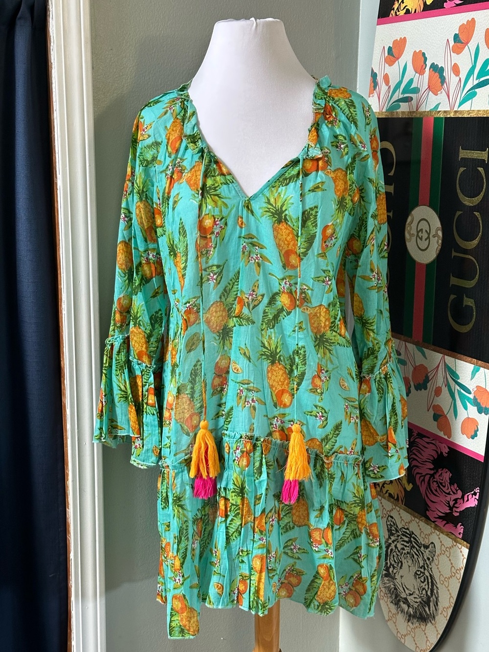 Debbie Katz Elisa Turquoise Tropical Pineapple Tassel Tunic Dress Beach Cover Up